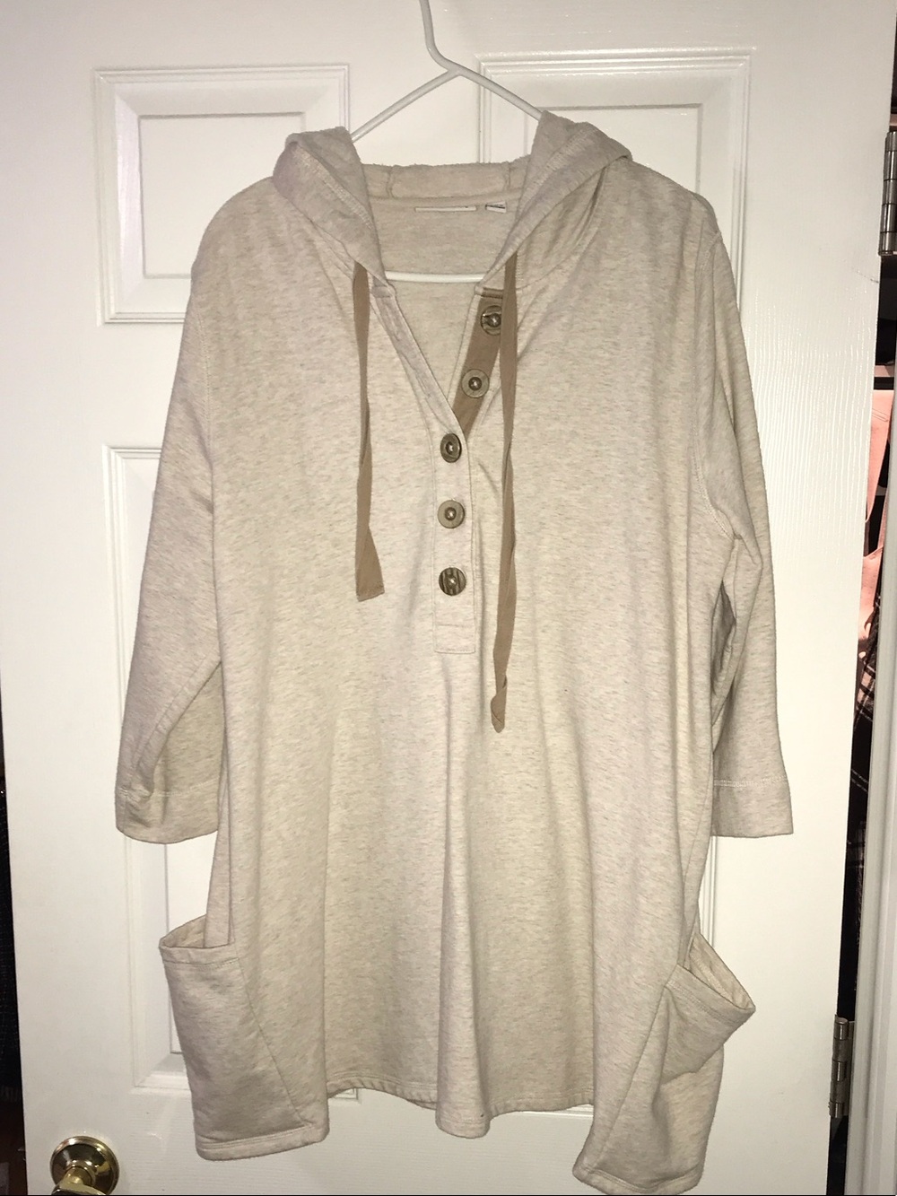 Susan Graver Light Cream Hooded Button-Front Pullover